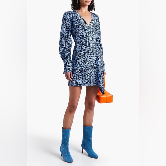 Les Reveries Silk Long Sleeve Mini Wrap Dress in Blue Leopard - Picture 6 of 14
